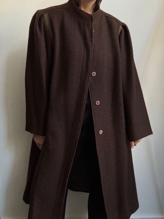 Vintage Italian Brown Wool Buttoned Coat With Stand Collar Size X-Large