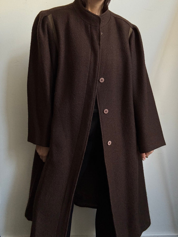 Vintage Italian Brown Wool Buttoned Coat With Stand Collar Size X-Large