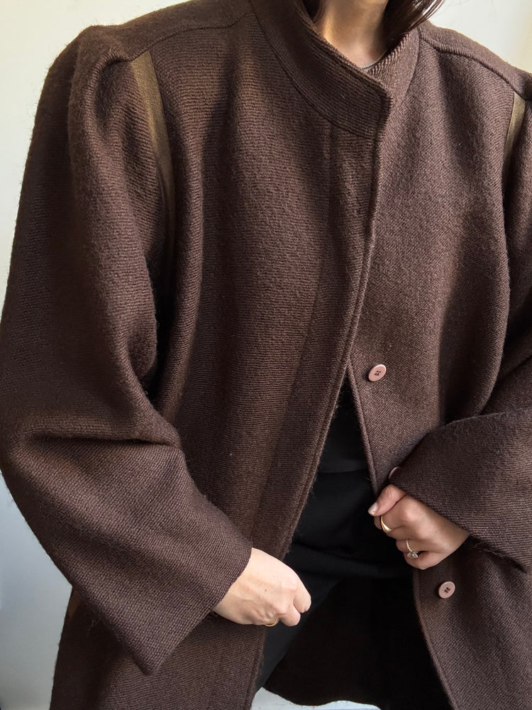 Vintage Italian Brown Wool Buttoned Coat With Stand Collar Size X-Large