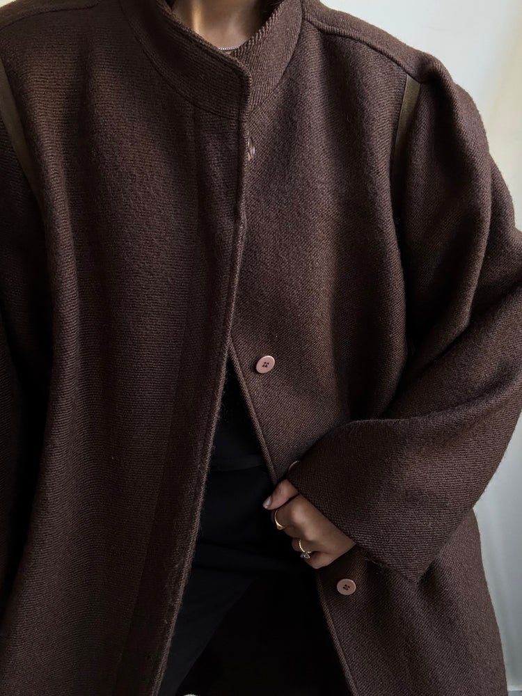 Vintage Italian Brown Wool Buttoned Coat With Stand Collar Size X-Large