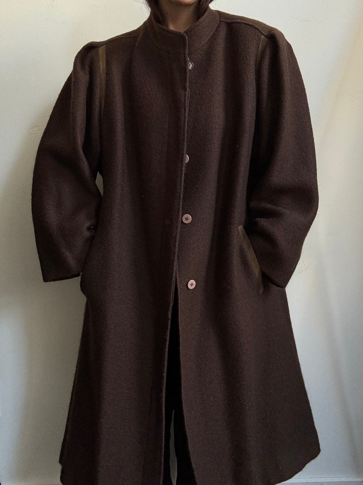 Vintage Italian Brown Wool Buttoned Coat With Stand Collar Size X-Large