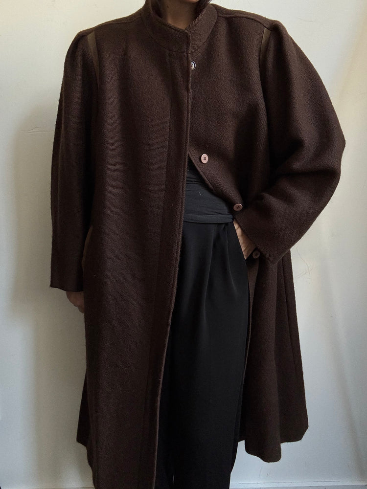 Vintage Italian Brown Wool Buttoned Coat With Stand Collar Size X-Large