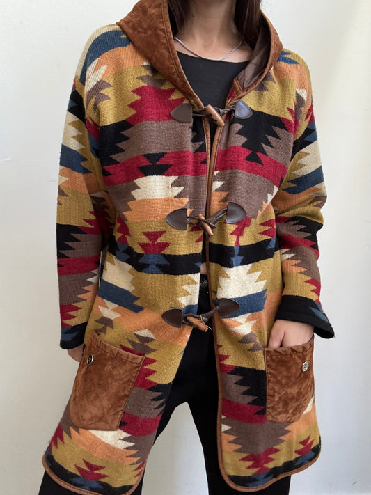 Vintage Multicolored Geometric Knit Duffle Coat Size Large