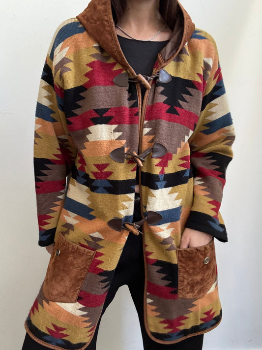 Vintage Multicolored Geometric Knit Duffle Coat Size Large