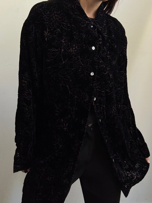 Vintage Black Velvet Burnout Buttoned Blouse Size X-Large