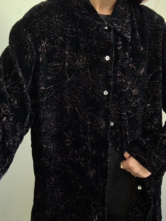 Vintage Black Velvet Burnout Buttoned Blouse Size X-Large