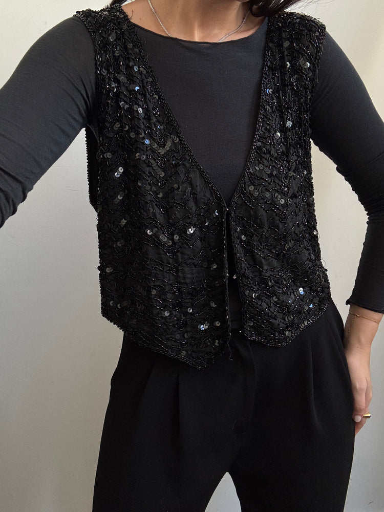 Vintage Black Sequin V-neck Vest Size Small