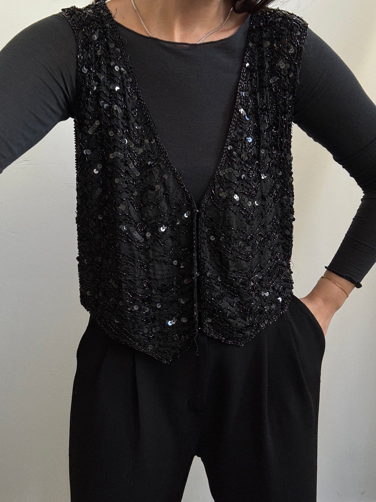 Vintage Black Sequin V-neck Vest Size Small