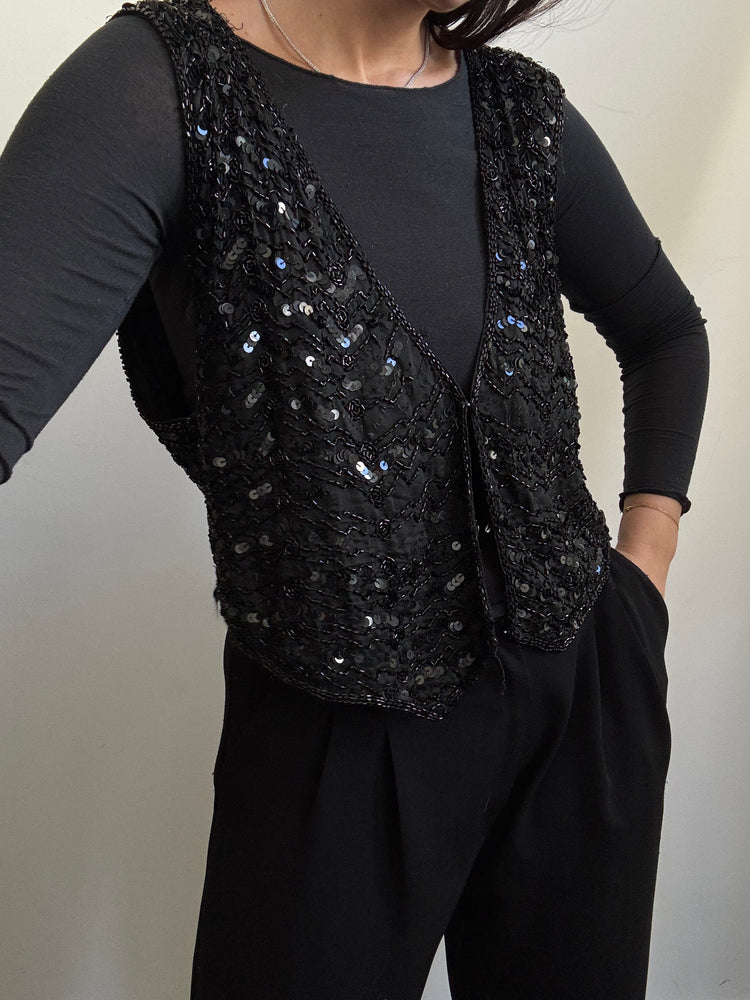Vintage Black Sequin V-neck Vest Size Small
