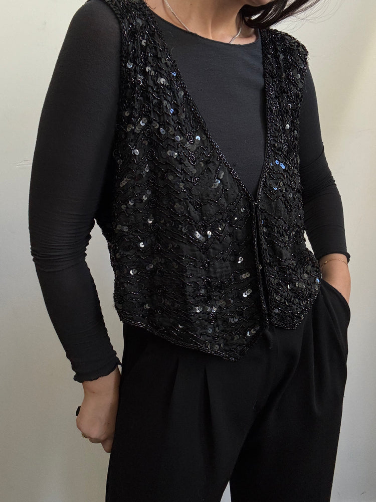 Vintage Black Sequin V-neck Vest Size Small