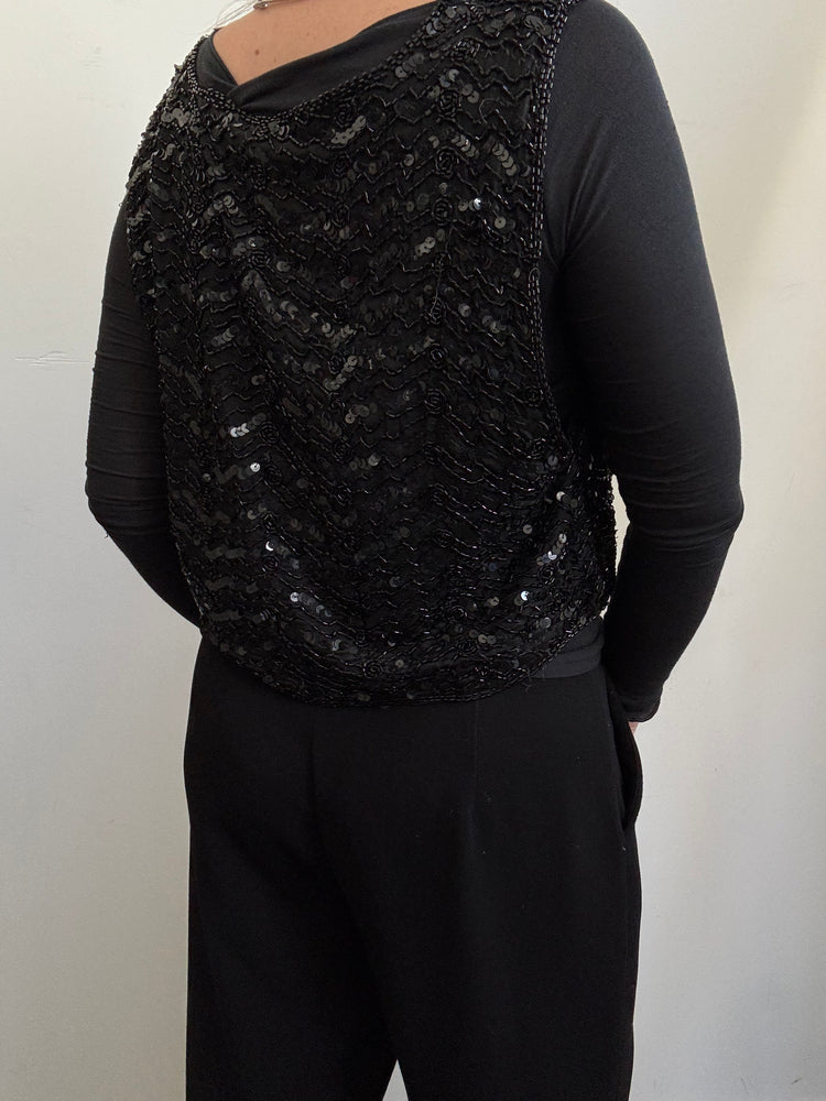 Vintage Black Sequin V-neck Vest Size Small