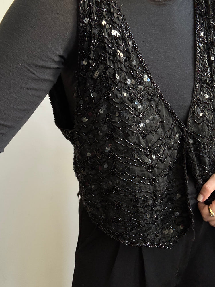 Vintage Black Sequin V-neck Vest Size Small