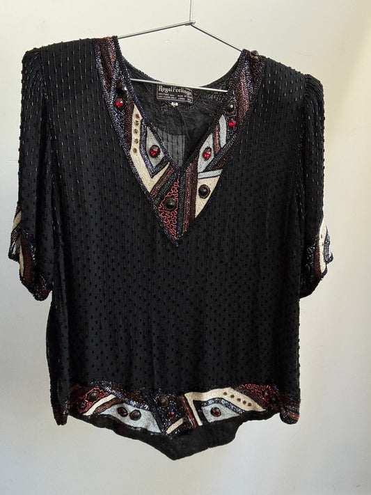 Vintage Black Silk Gem Patterned Ornate Top Size Medium