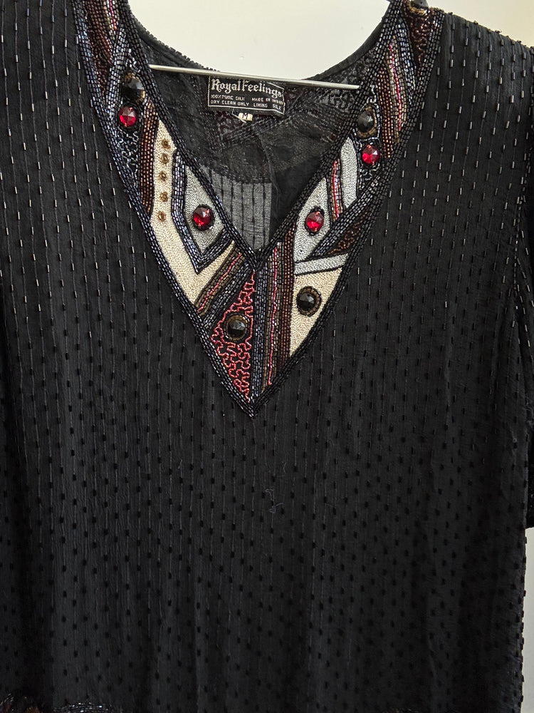 Vintage Black Silk Gem Patterned Ornate Top Size Medium