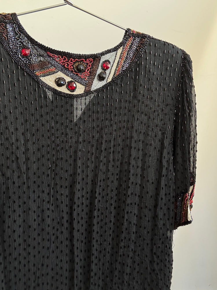 Vintage Black Silk Gem Patterned Ornate Top Size Medium