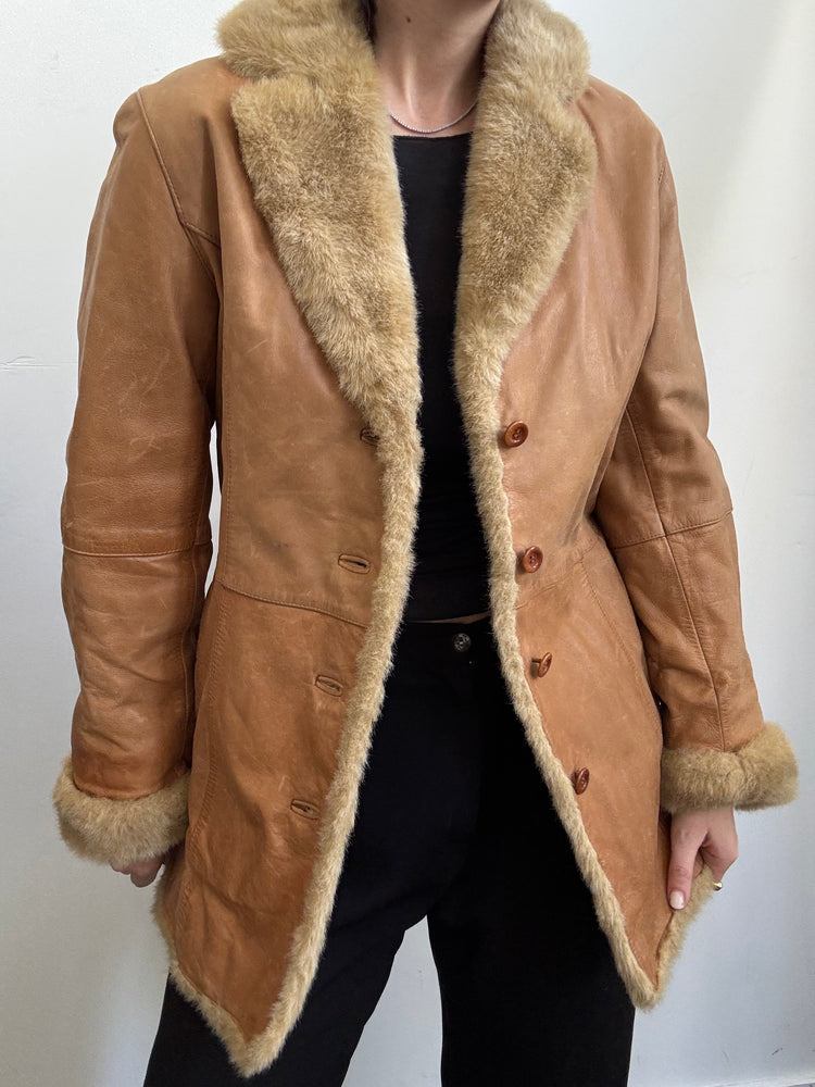 Vintage Tan Leather With Faux Fur Jacket Size XSmall