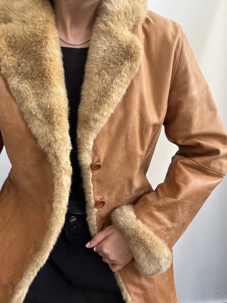 Vintage Tan Leather With Faux Fur Jacket Size XSmall