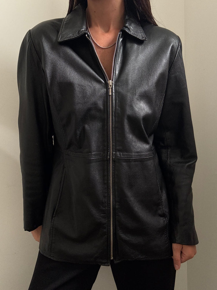 Vintage Black Leather Zip Up jacket Size Large