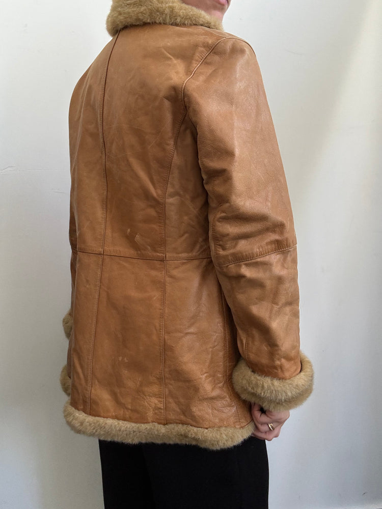 Vintage Tan Leather With Faux Fur Jacket Size XSmall
