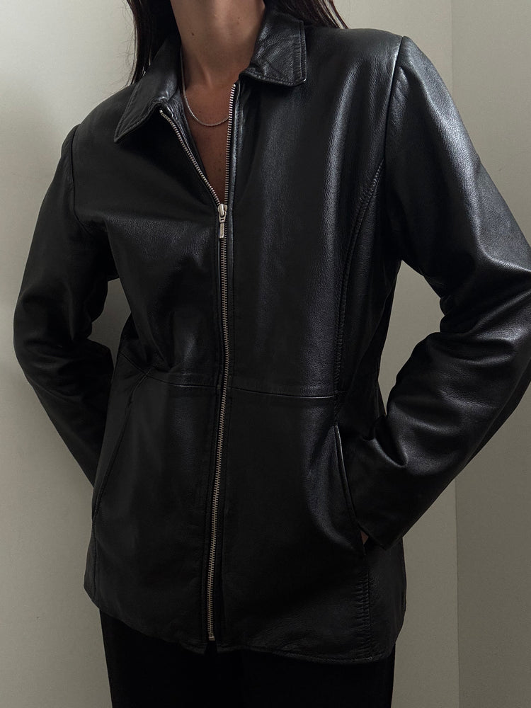 Vintage Black Leather Zip Up jacket Size Large