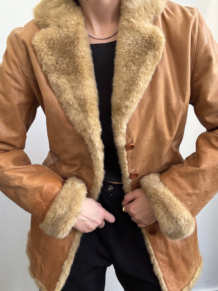 Vintage Tan Leather With Faux Fur Jacket Size XSmall