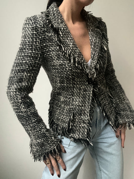 Vintage Tweed Black and White Blazer with Fringe Size 4