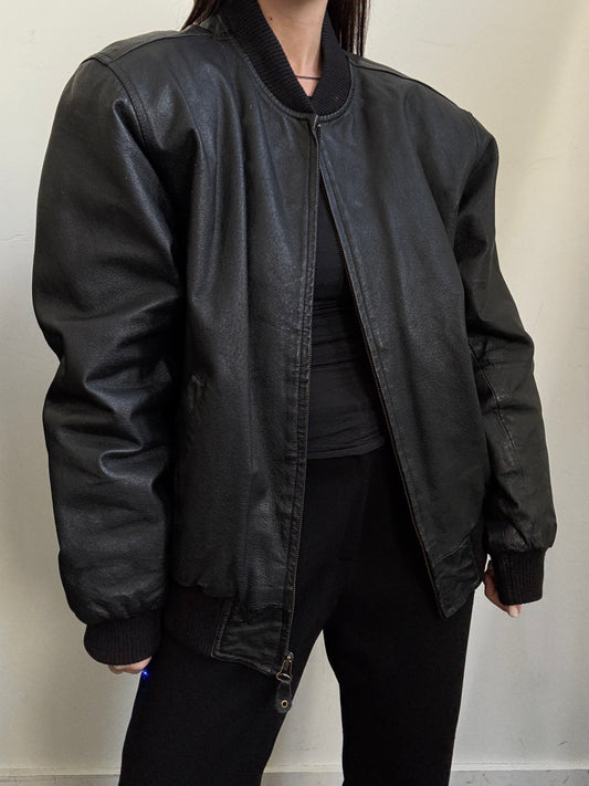 Vintage Classic Bomber Jacket in Black Leather