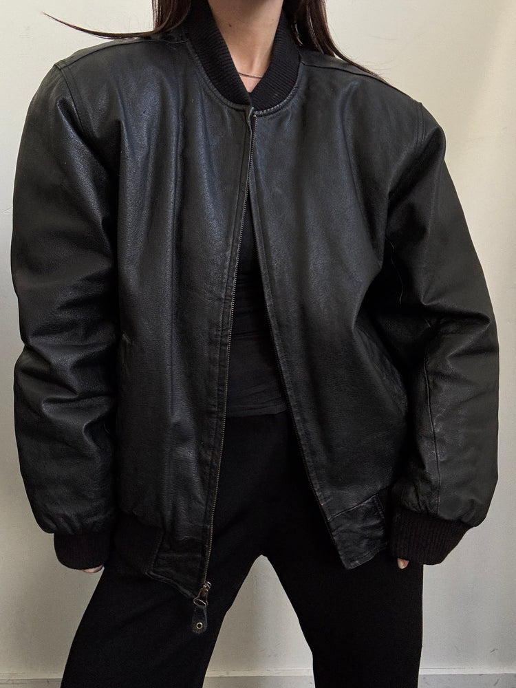 Vintage Classic Bomber Jacket in Black Leather