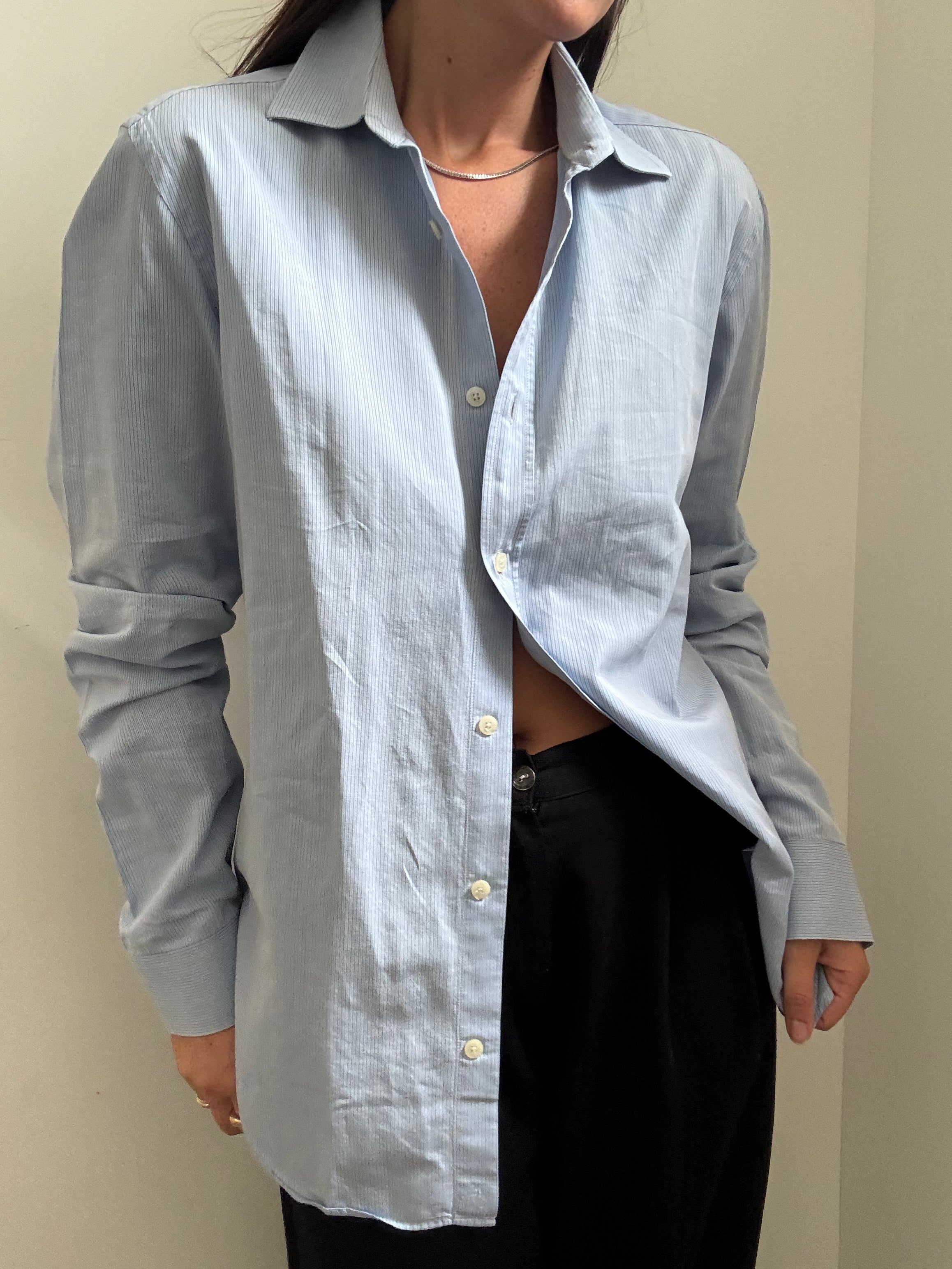 Vintage Burberry Blue Pinstriped Cotton Button-Up Size Large