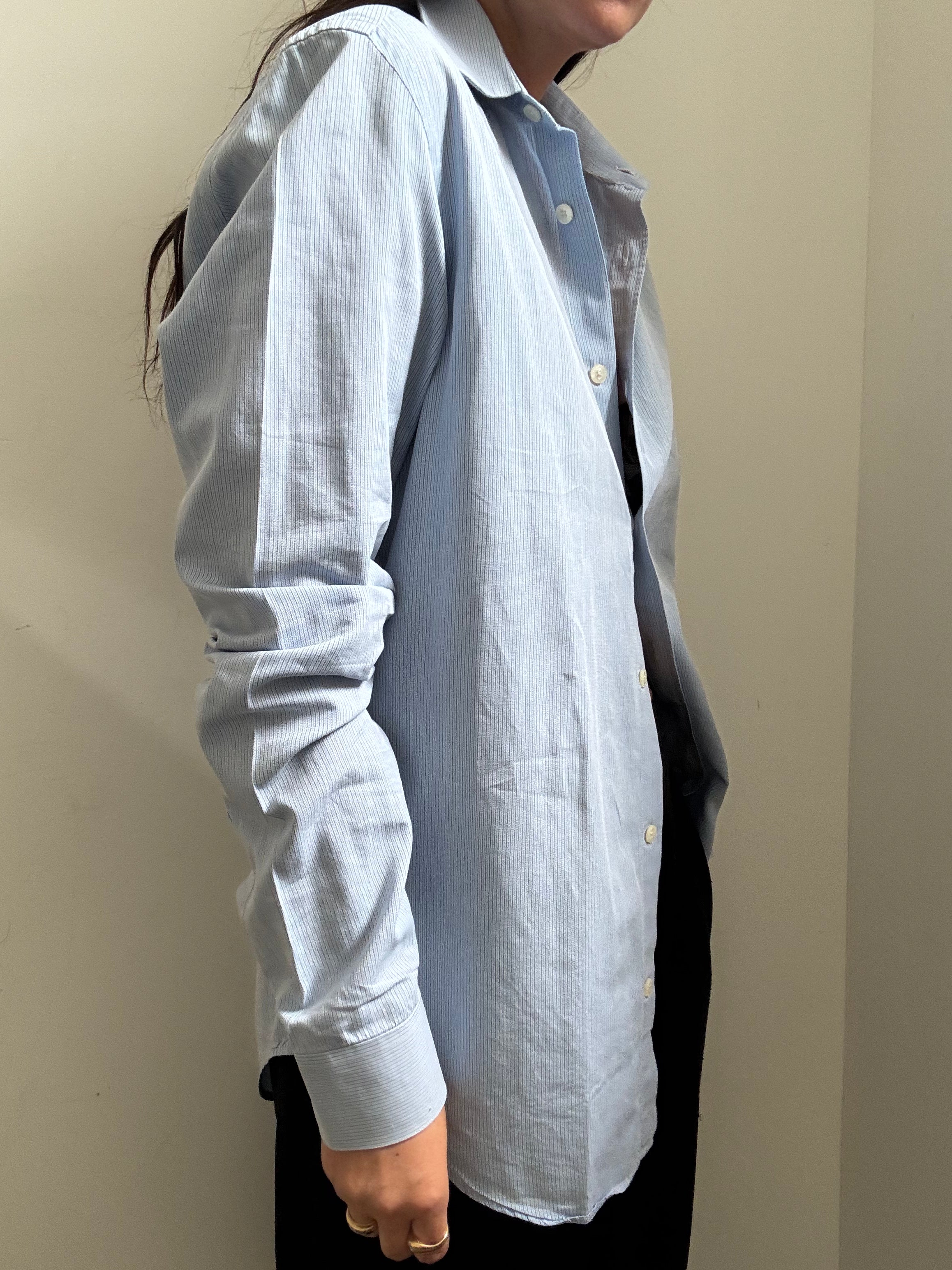 Vintage Burberry Blue Pinstriped Cotton Button-Up Size Large