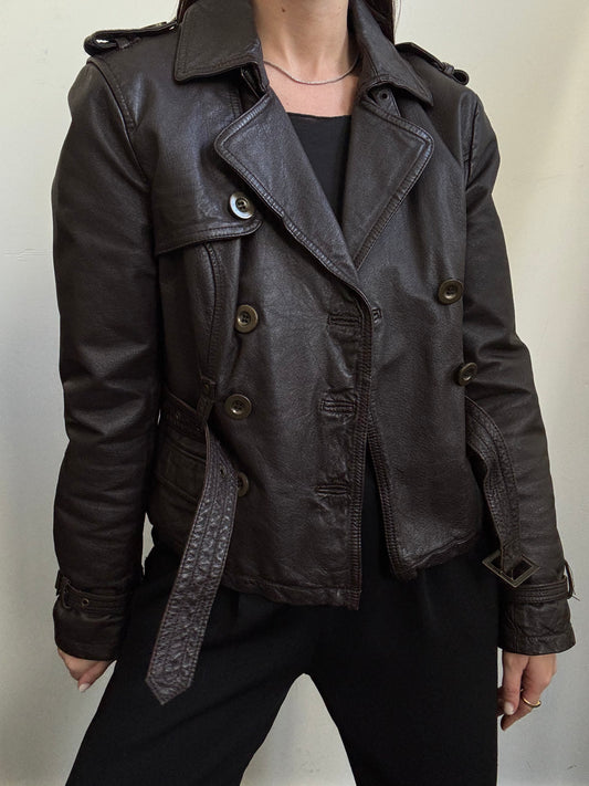 Vintage Y2K Fitted Brown Leather Jacket Size XS