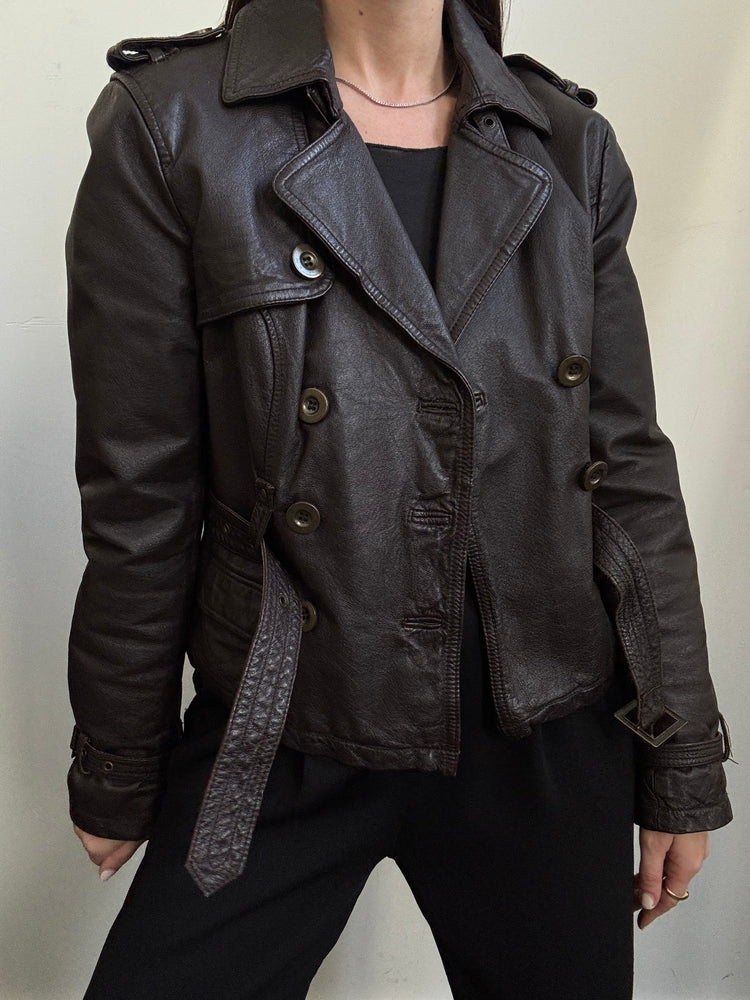 Vintage Y2K Fitted Brown Leather Jacket Size XS