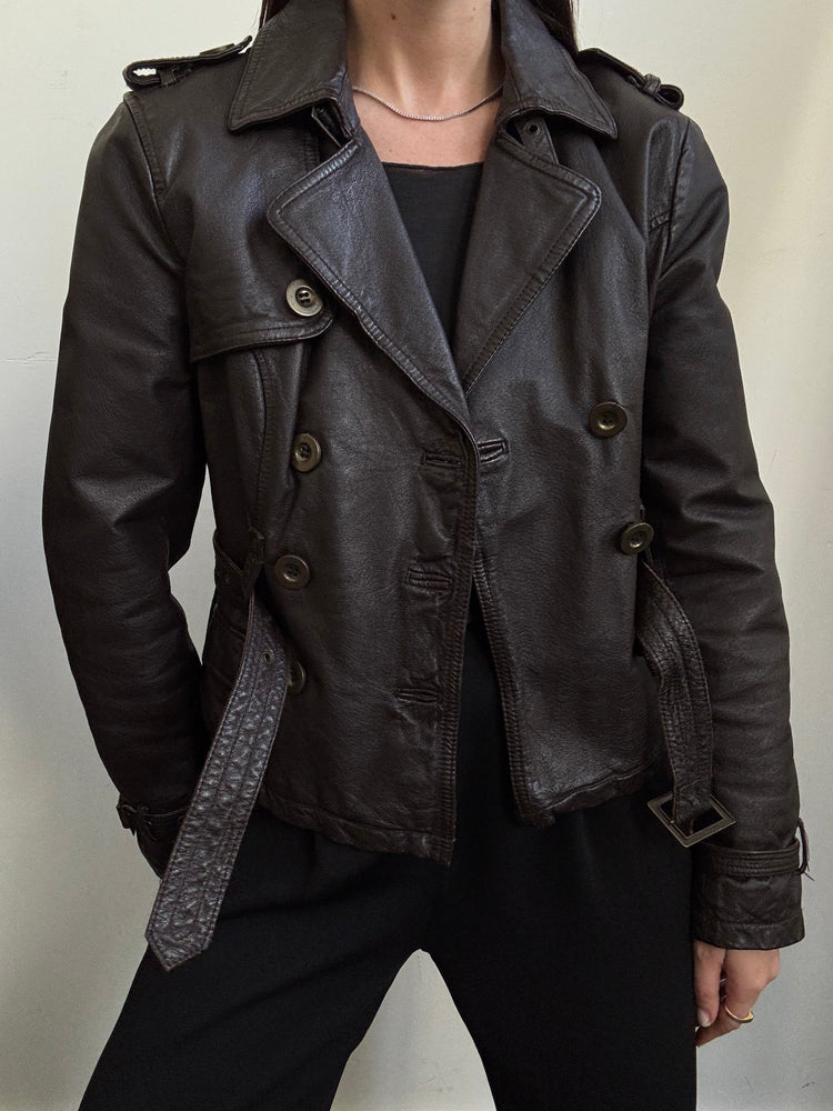 Vintage Y2K Fitted Brown Leather Jacket Size XS