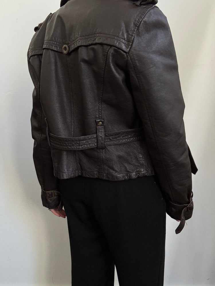 Vintage Y2K Fitted Brown Leather Jacket Size XS