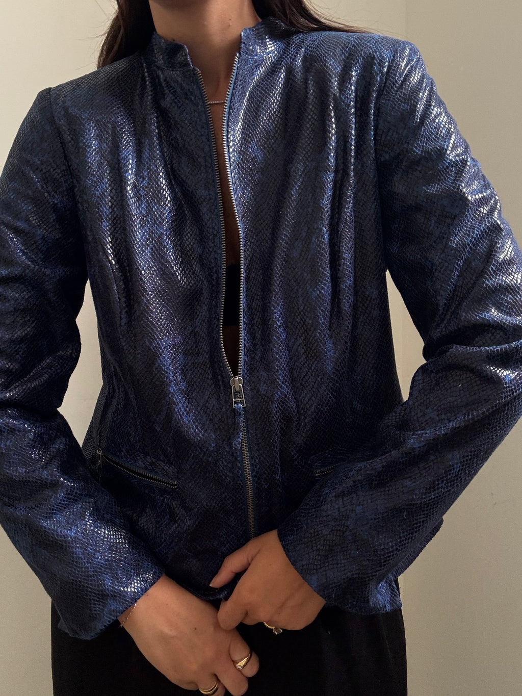 Vintage Blue Stamped Faux Leather Zip-Up Jacket Size Large