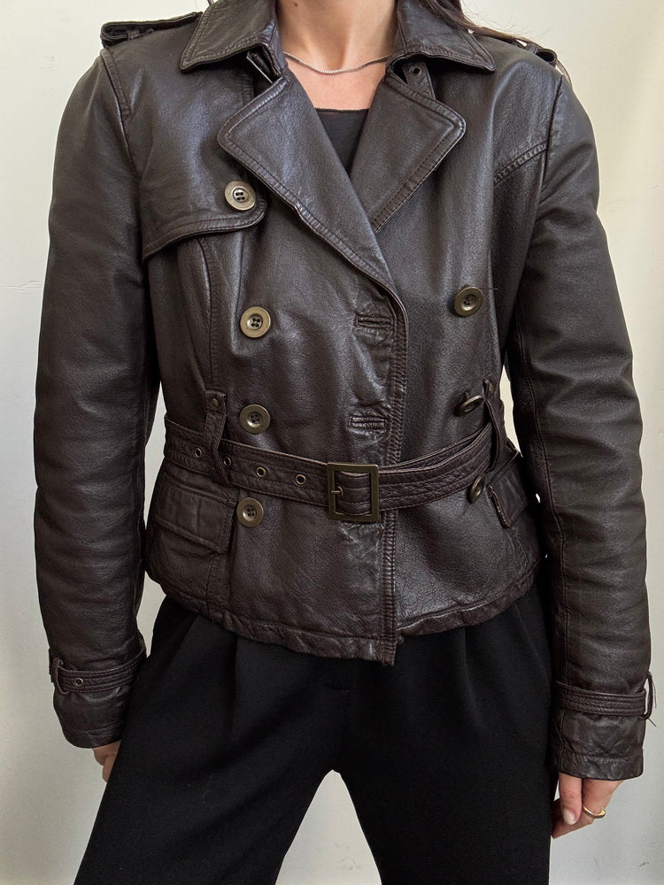 Vintage Y2K Fitted Brown Leather Jacket Size XS