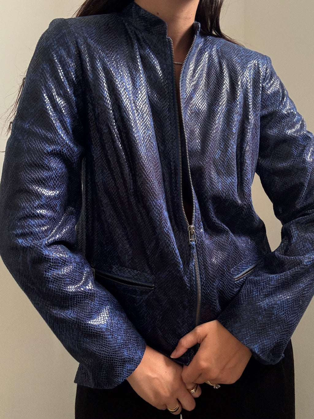 Vintage Blue Stamped Faux Leather Zip-Up Jacket Size Large