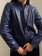 Vintage Blue Stamped Faux Leather Zip-Up Jacket Size Large