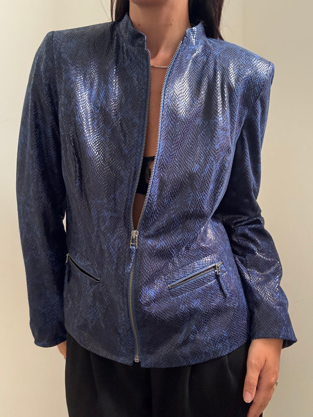 Vintage Blue Stamped Faux Leather Zip-Up Jacket Size Large