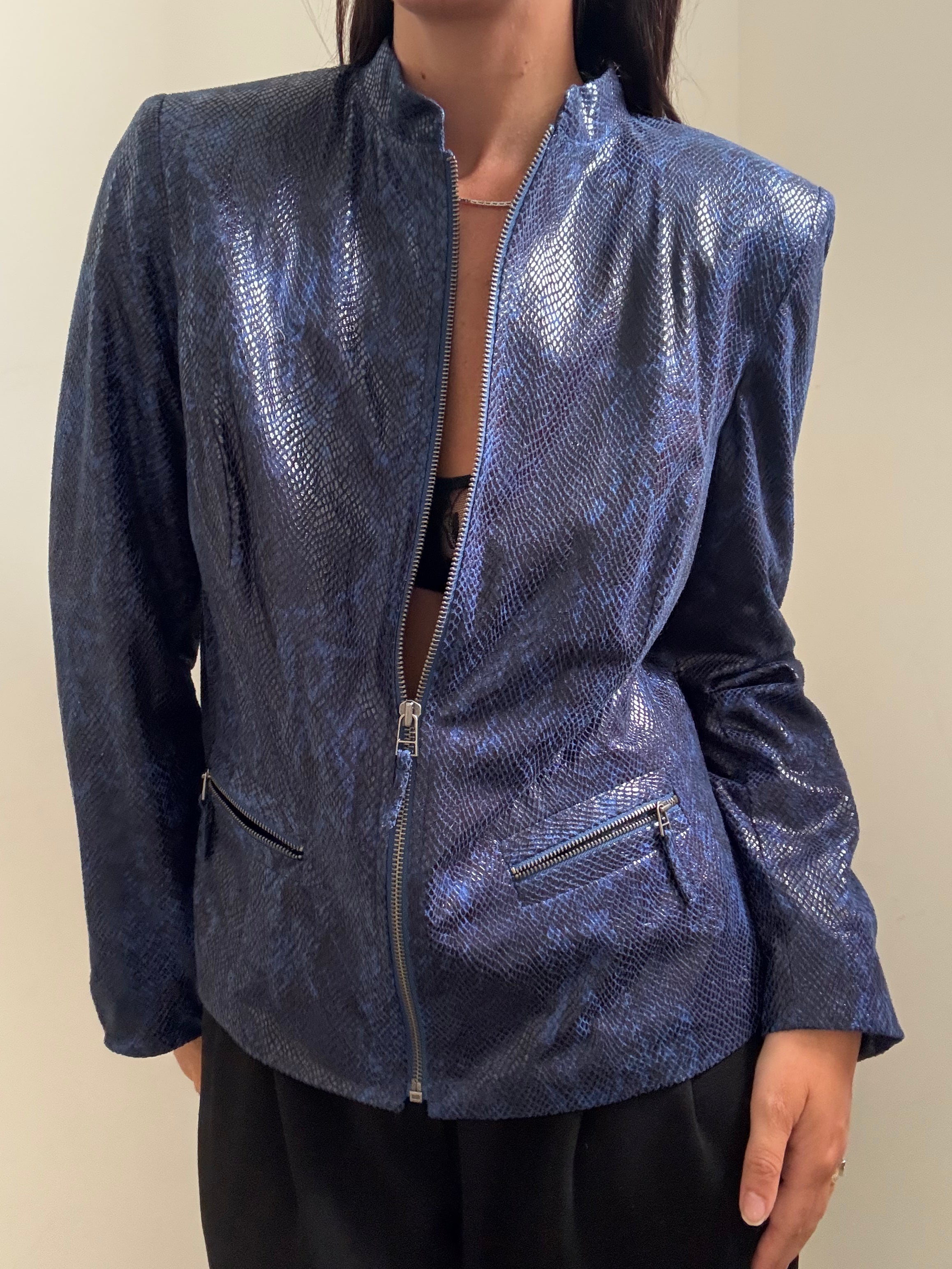 Vintage Blue Stamped Faux Leather Zip-Up Jacket Size Large