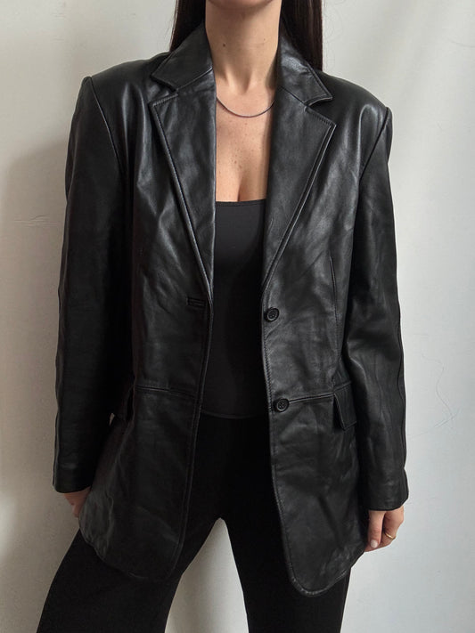Vintage Black Leather Fitted Jacket Size Medium