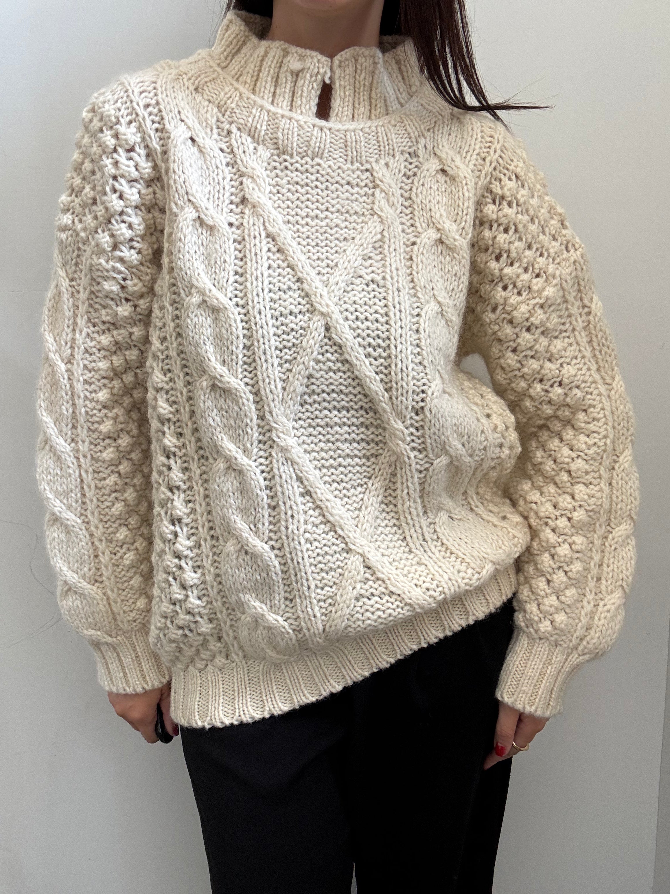 Vintage Cream Collared Cable Knit Sweater Size Large