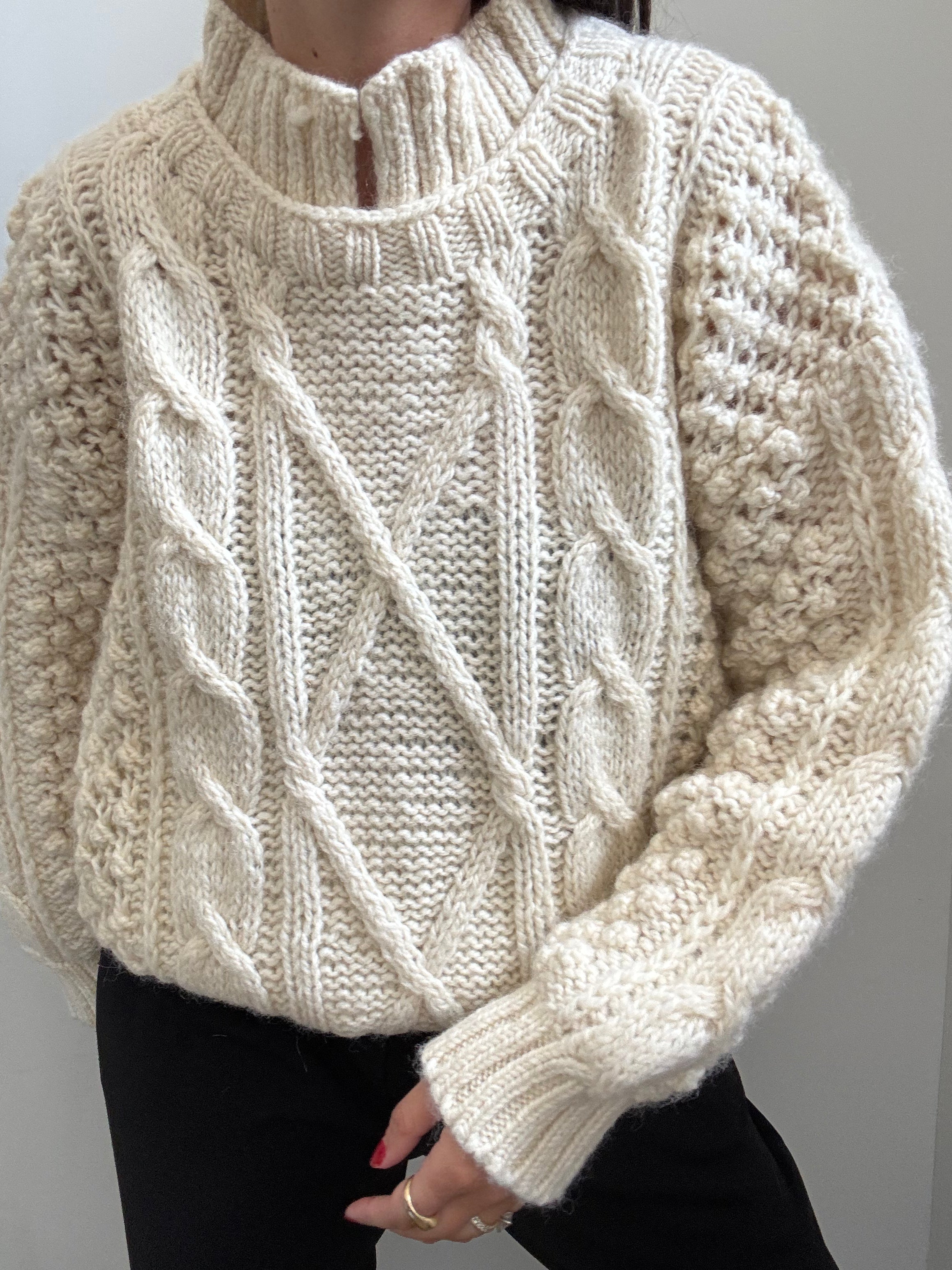 Vintage Cream Collared Cable Knit Sweater Size Large