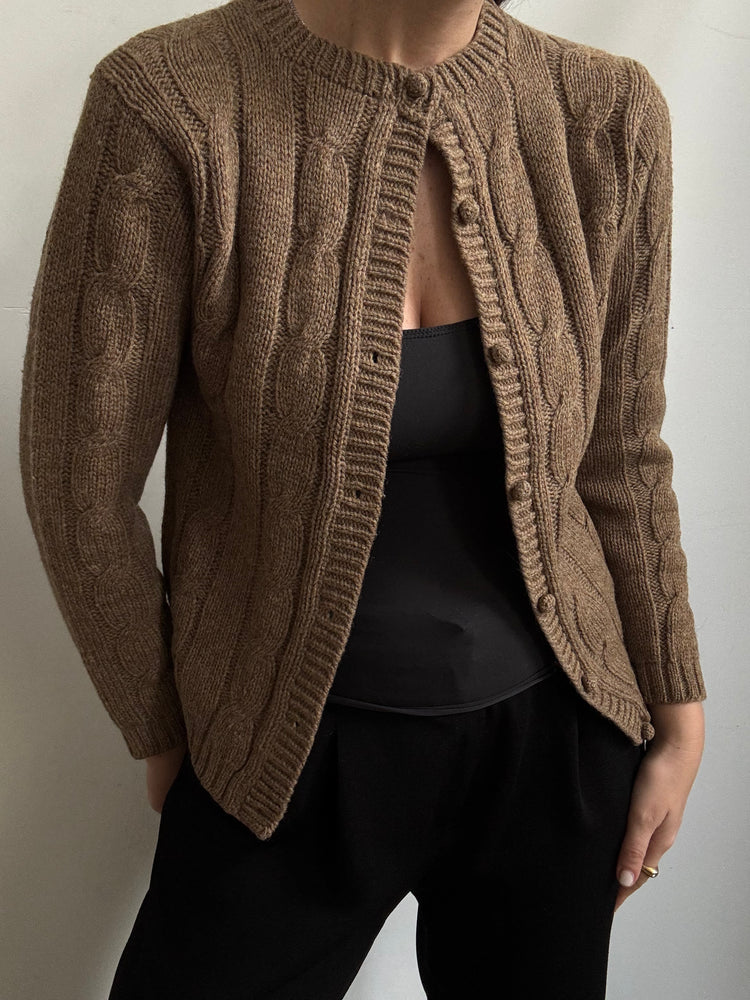 Vintage Brown Wool Cable Knit Cardigan Size Small