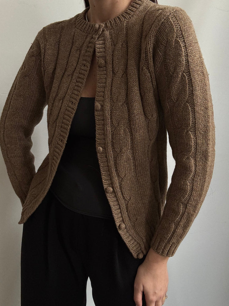 Vintage Brown Wool Cable Knit Cardigan Size Small