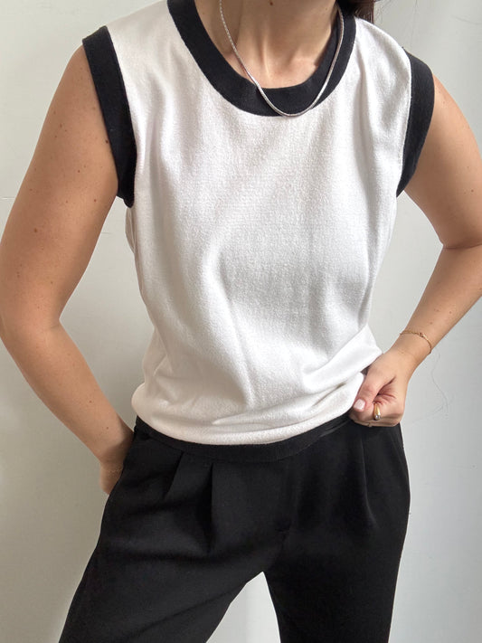 Vintage White + Black Trim Cotton Knit Tank Size Medium