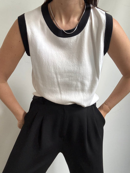 Vintage White + Black Trim Cotton Knit Tank Size Medium