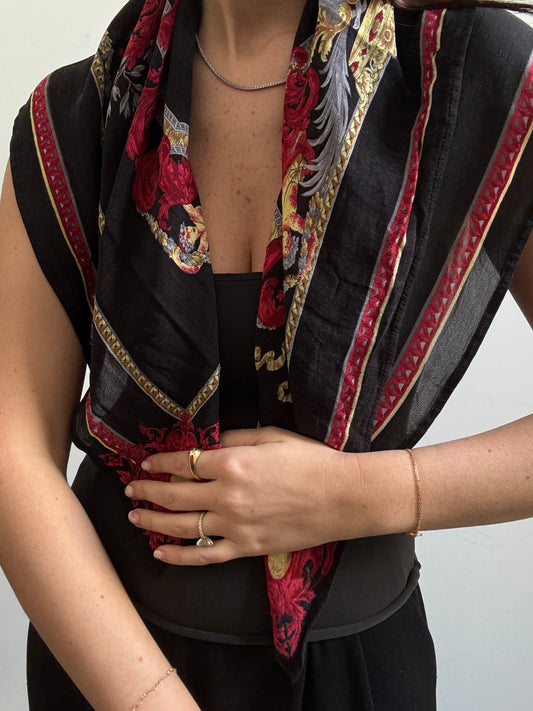 Vintage Italian Black Red and Gold Silk Scarf