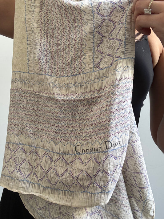 Vintage Christian Dior Italian Ivory, Burgundy and Blue Silk Scarf