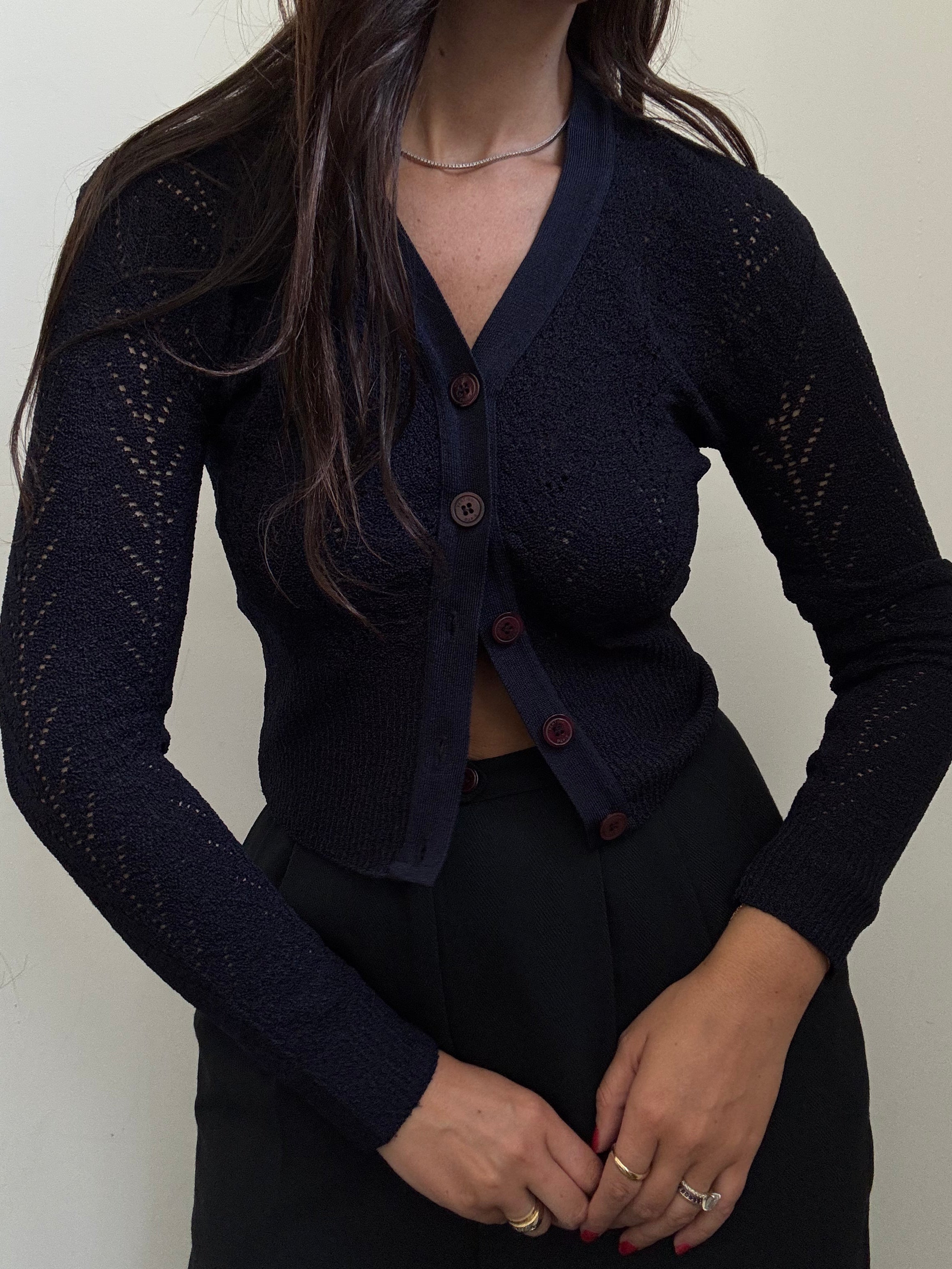 Vintage Navy Knit V-Neck Cardigan Size Small